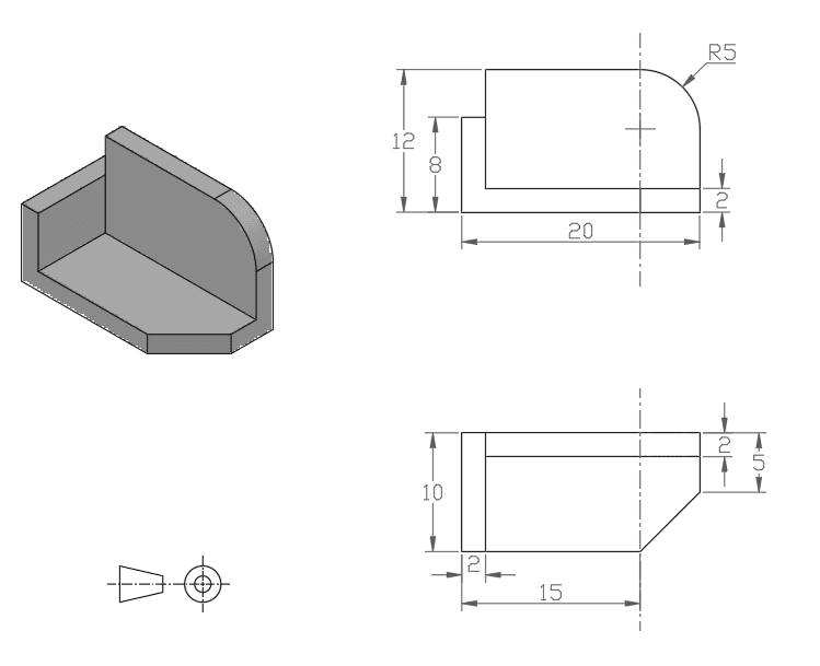 A basic 3D AutoCAD Bench reference showing a rounded bracket in isometric and orthographic views