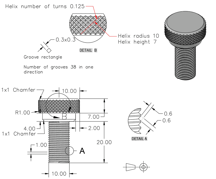 A project-level 3D AutoCAD Bench reference showing a threaded and knurled part