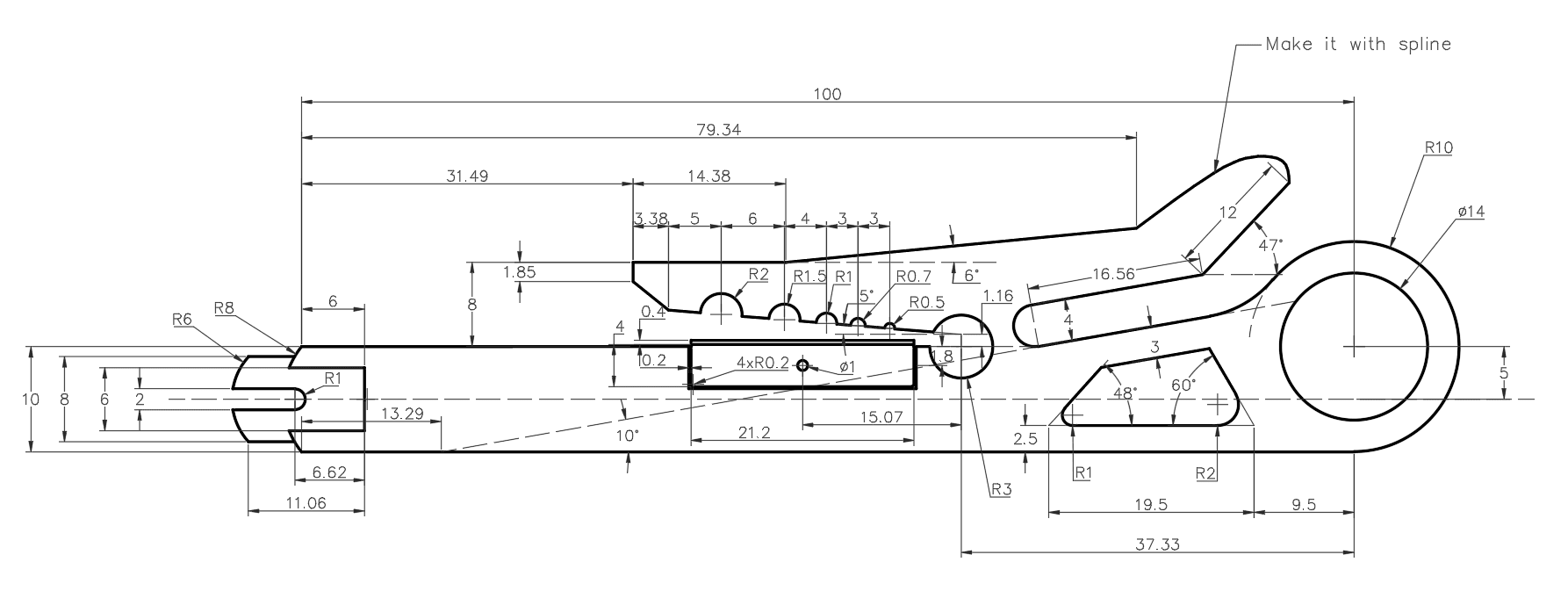 A project-level 2D AutoCAD Bench reference showing a detailed mechanical linkage
