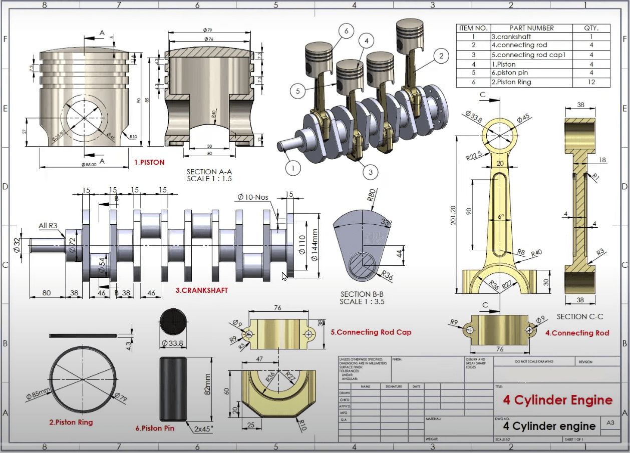 Engineering drawing and assembly model of a four-cylinder engine