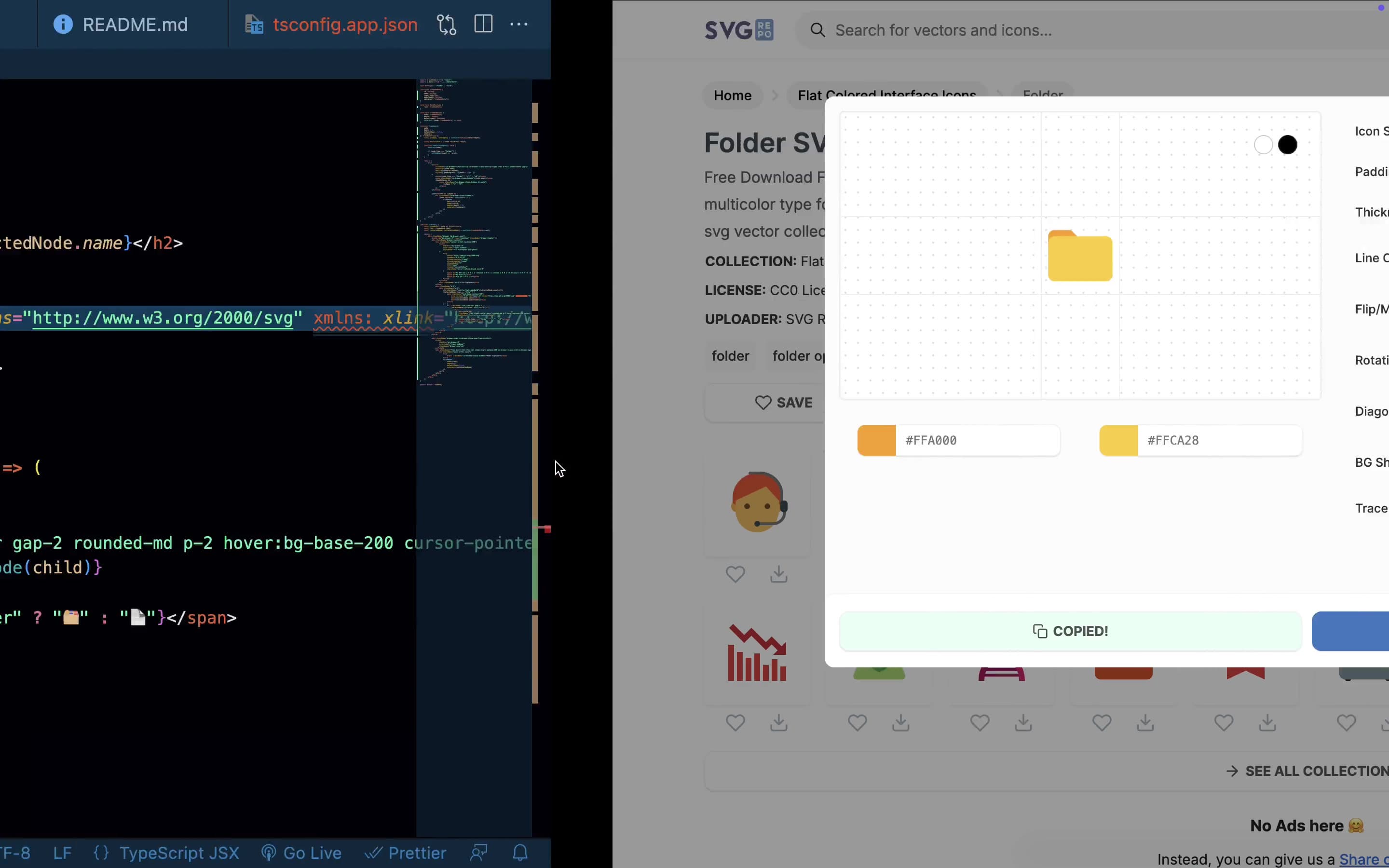A recorded coding and browser-use workflow with VS Code and an SVG asset library